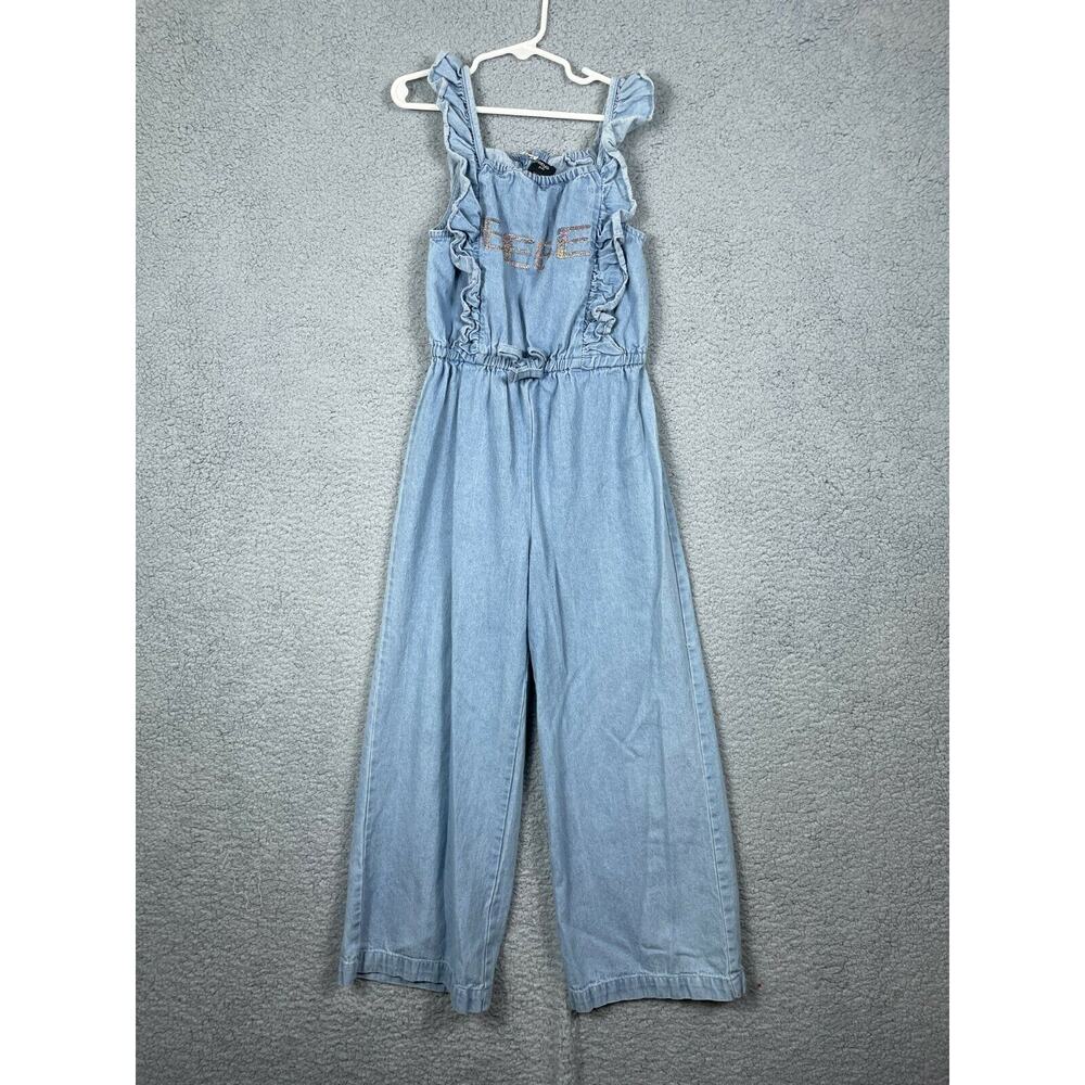 Bebe Girls Denim Embroidered Jumpsuit Size 7-8 Kids Ruffled Cotton